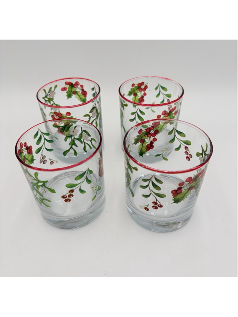 Christmas HOLLY MISTLETOE Rocks Glasses Set of 4 Red Rim Holiday Tumblers 3.5”